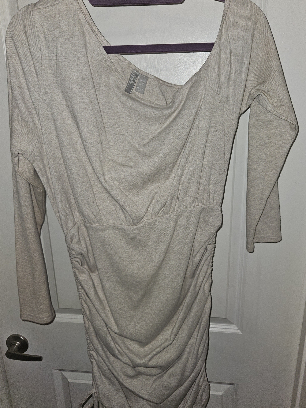 ASOS Cream Ruched Long Sleeve Asymetrical Off Shoulder Sweat Dress